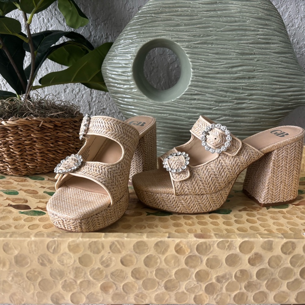 GB girls Woven Beige Platform Slide Heels with Rhinestone Buckles